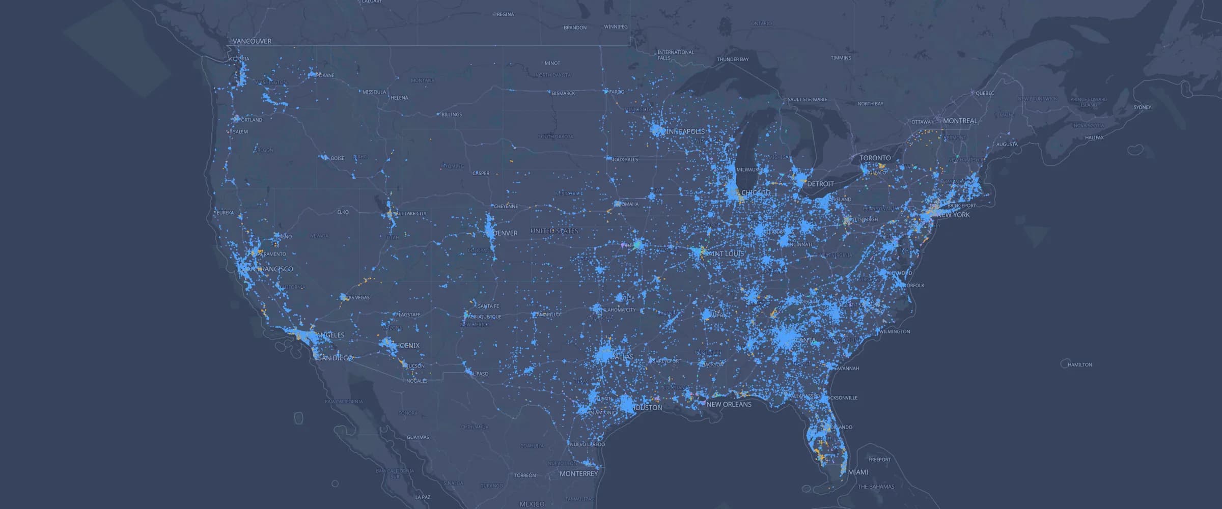 Dark map of the United States showing 142,356 reported license plate reader locations as glowing points concentrated around cities and highways